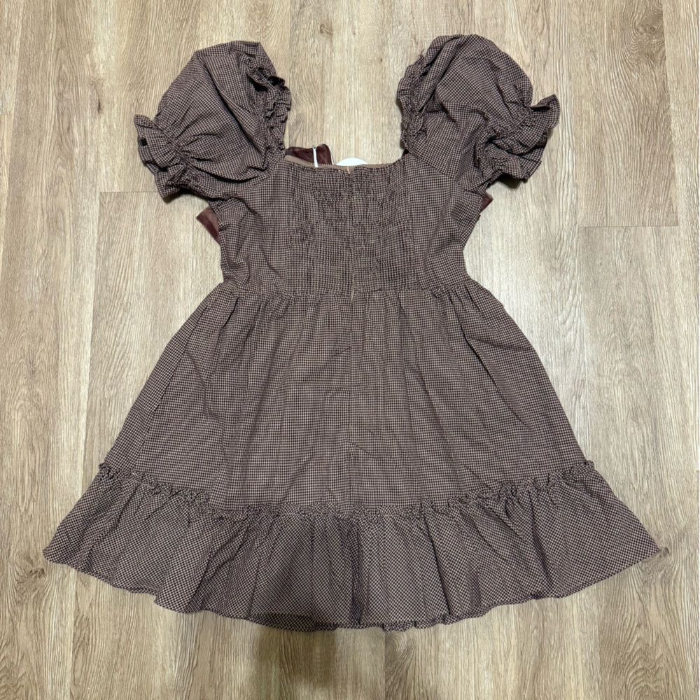 NWT Storia Brown Gingham Puff Sleeve Mini Dress - Picture 3 of 3